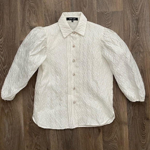 Sister Jane Tops - Sister Jane Ivory Textured Puff Sleeve Pearl Button Blouse Cottagecore M